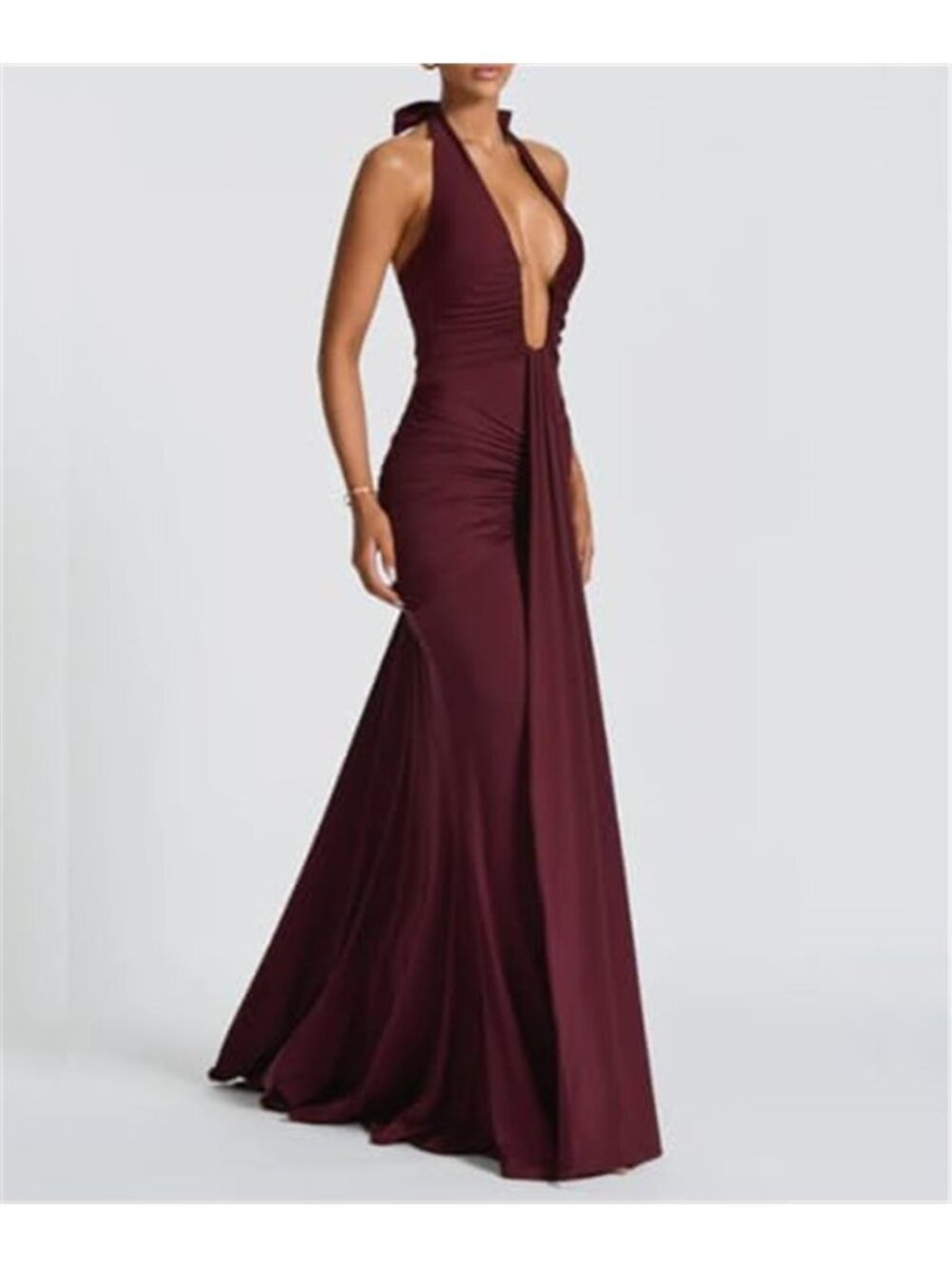 Burgundy Halter Maxi Gown Deep V Neck Ruched Bodycon Evening Formal Dress - Picture 2 of 6